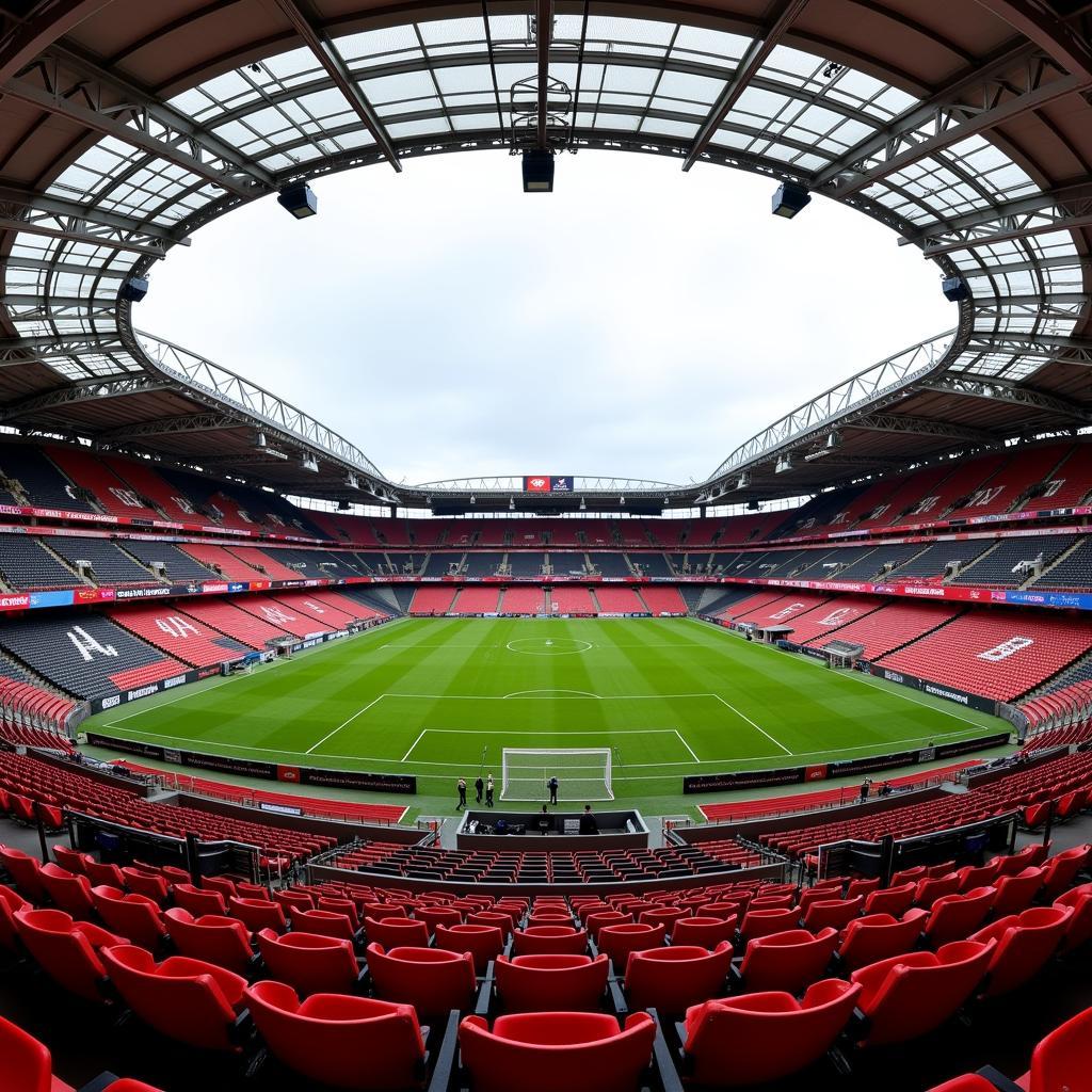 Panorama des Bayer Leverkusen Stadions mit Fokus auf die Farben Schwarz und Rot