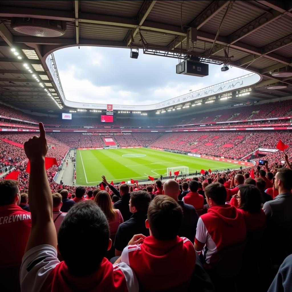 Fans von Bayer Leverkusen und Fortuna Düsseldorf im Stadion.  Fahnen, Schals und Gesänge.