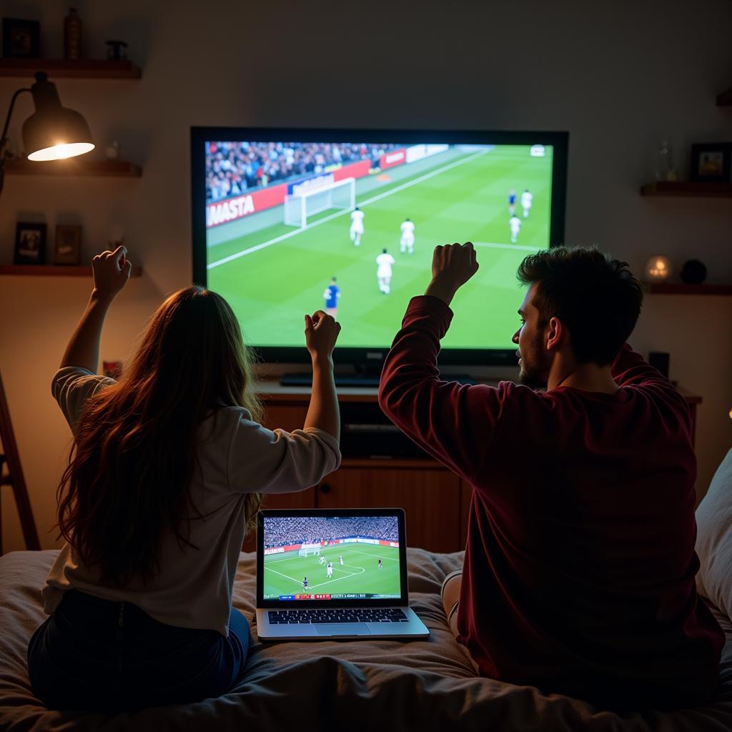 Fans beim Live Stream: Ein Bild von Freunden, die zusammen ein Fußballspiel auf einem Laptop verfolgen und jubeln.