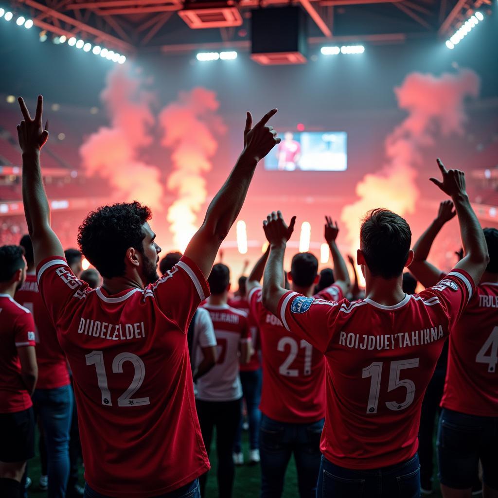 Bayer Leverkusen und Fortuna Düsseldorf Rivalität: Ein Bild von Fans beider Mannschaften im Stadion, die ihre Teams anfeuern.