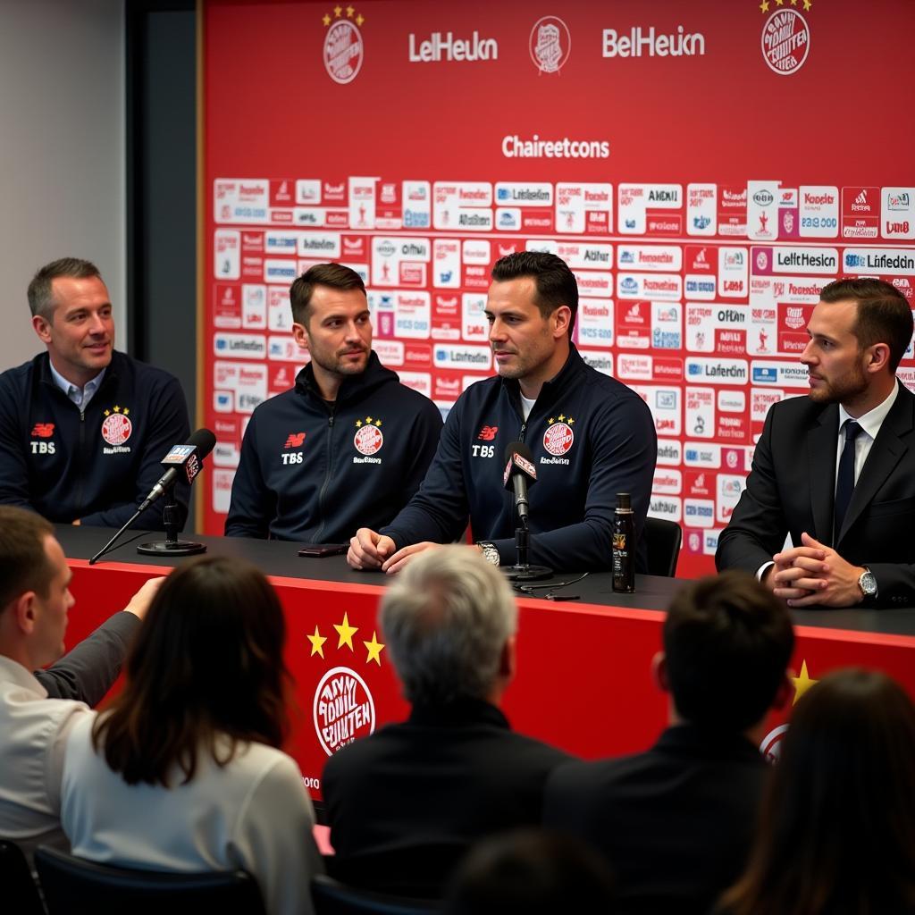 Die Geschäftsführung von Bayer 04 Leverkusen im Gespräch mit den Medien.