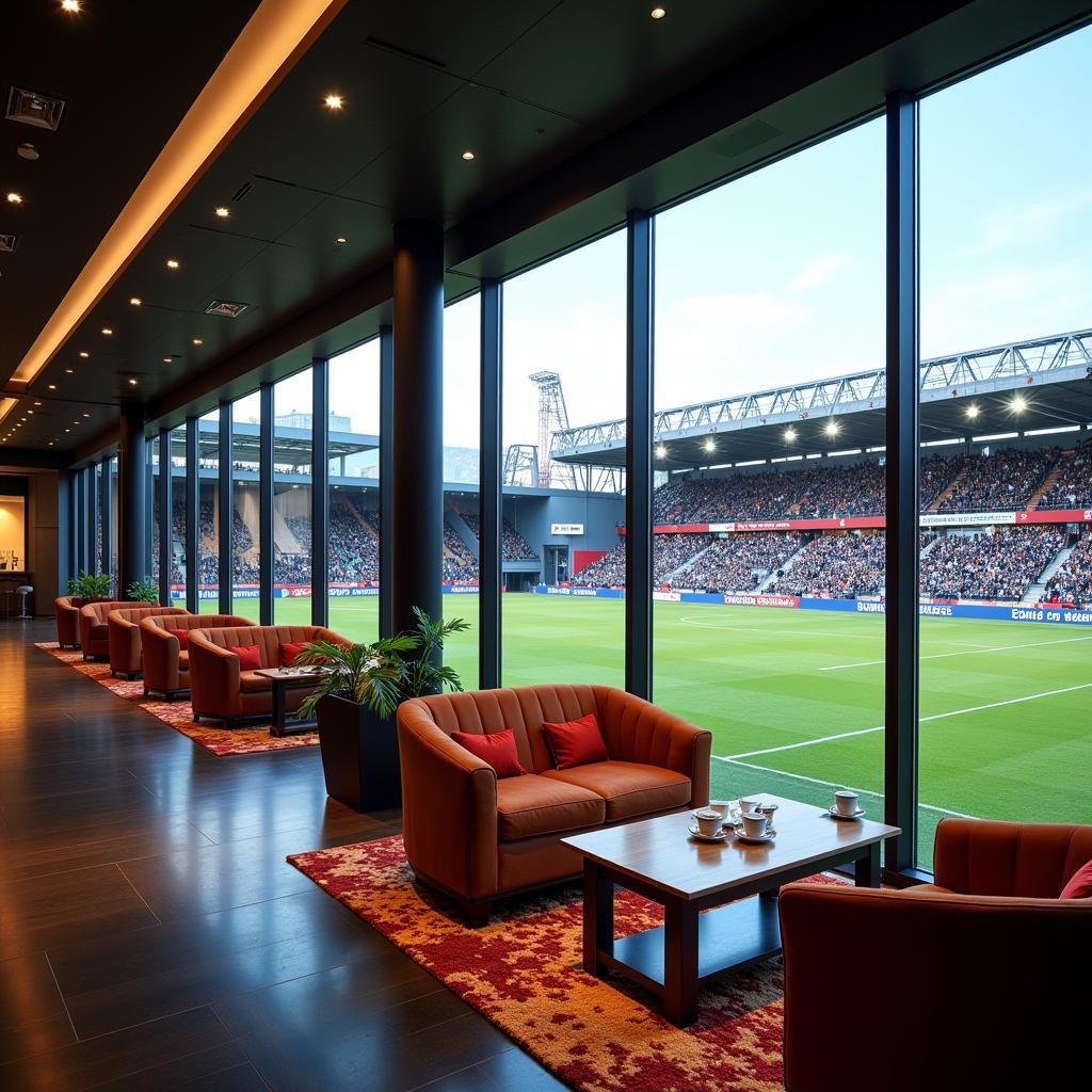 VIP-Lounge in der BayArena mit Blick auf das Spielfeld