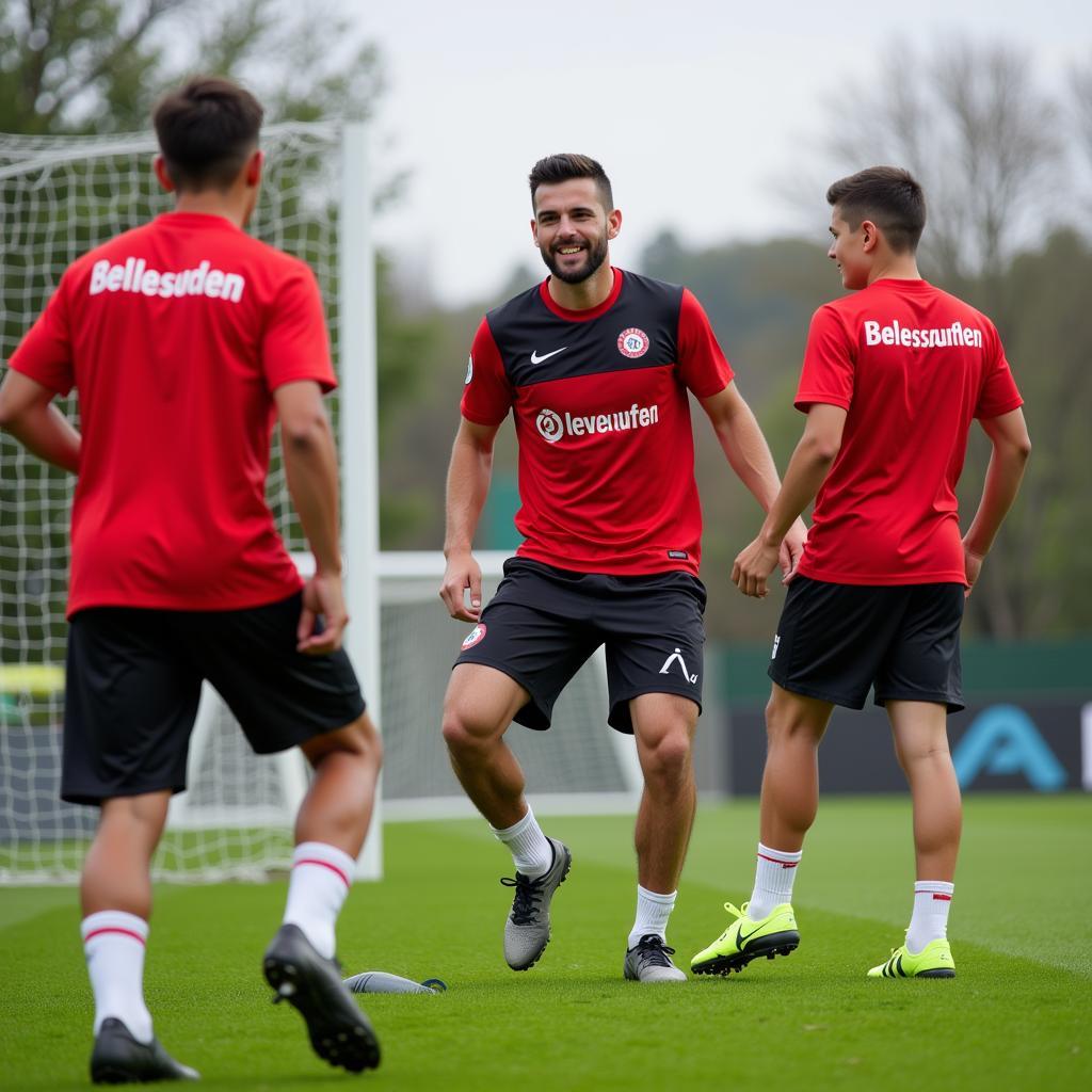 Jugendspieler von Bayer Leverkusen trainieren auf dem Platz