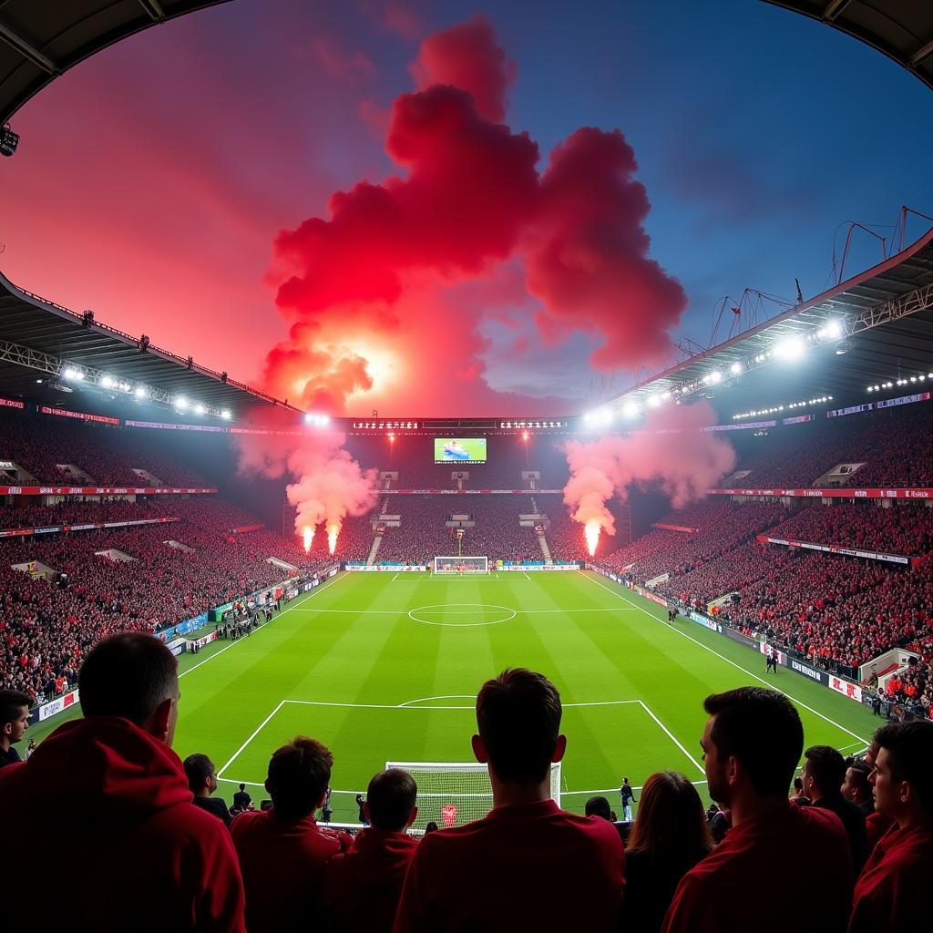 Fans von Bayer Leverkusen und 1. FC Köln sorgen für eine beeindruckende Stimmung im Stadion.