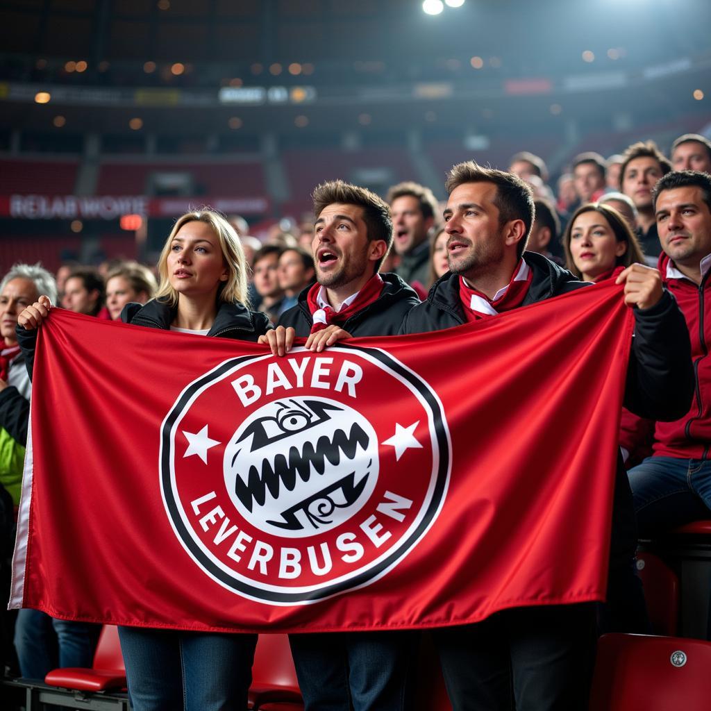 Bayer Leverkusen Lieder: Fan-Gruppe mit Fahne in der BayArena.