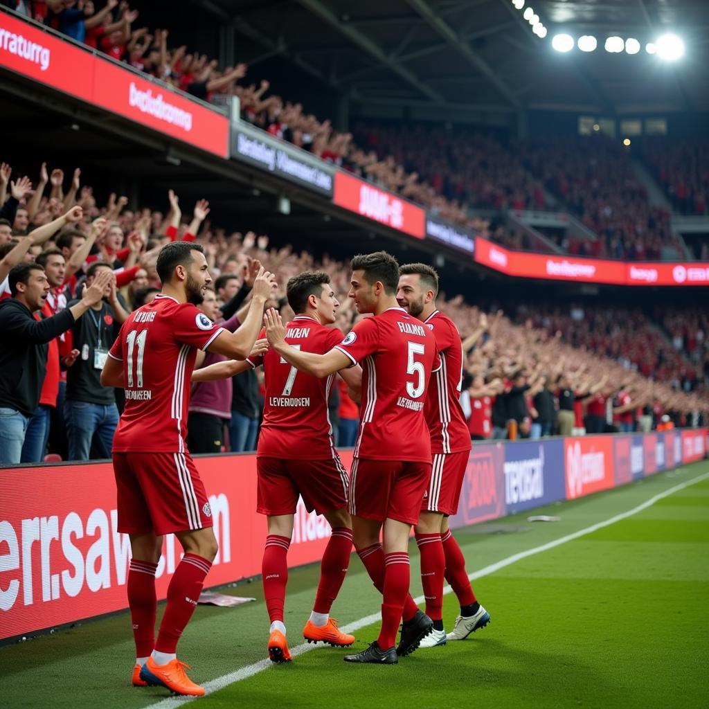 Bayer Leverkusen Lieder: Spieler bejubeln Tor mit Fans