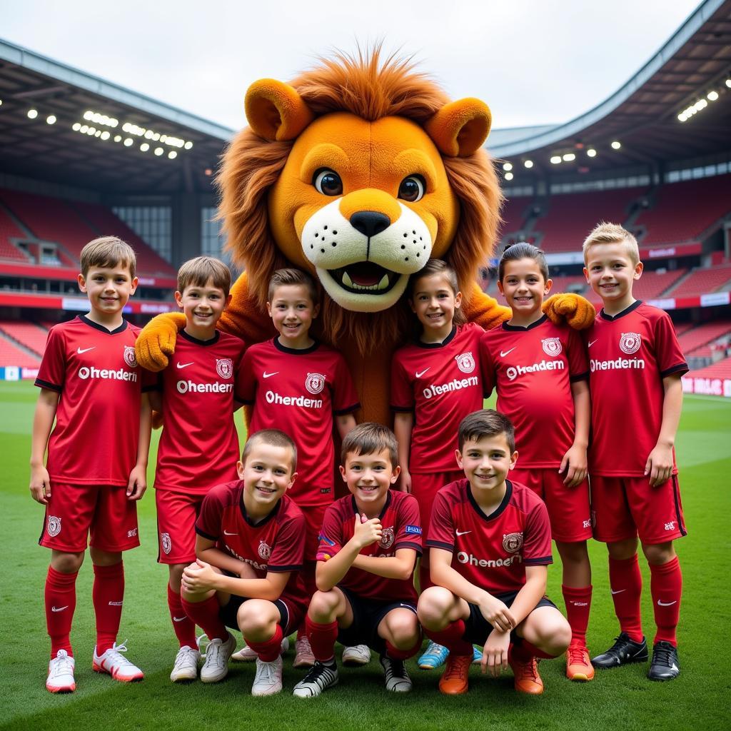 Bayer Leverkusen Löwenclub Maskottchen Brian the Lion posiert mit Kindern.