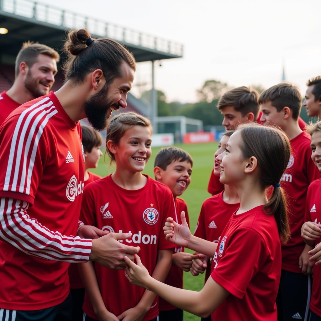 Mitglieder des Bayer Leverkusen Löwenclub treffen Spieler.