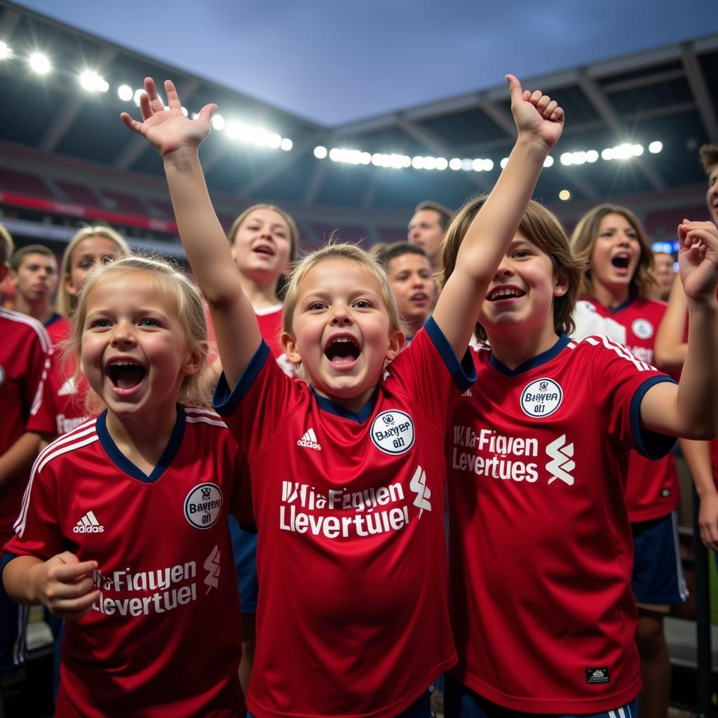 Kinder im Bayer Leverkusen Trikot jubeln im Stadion.