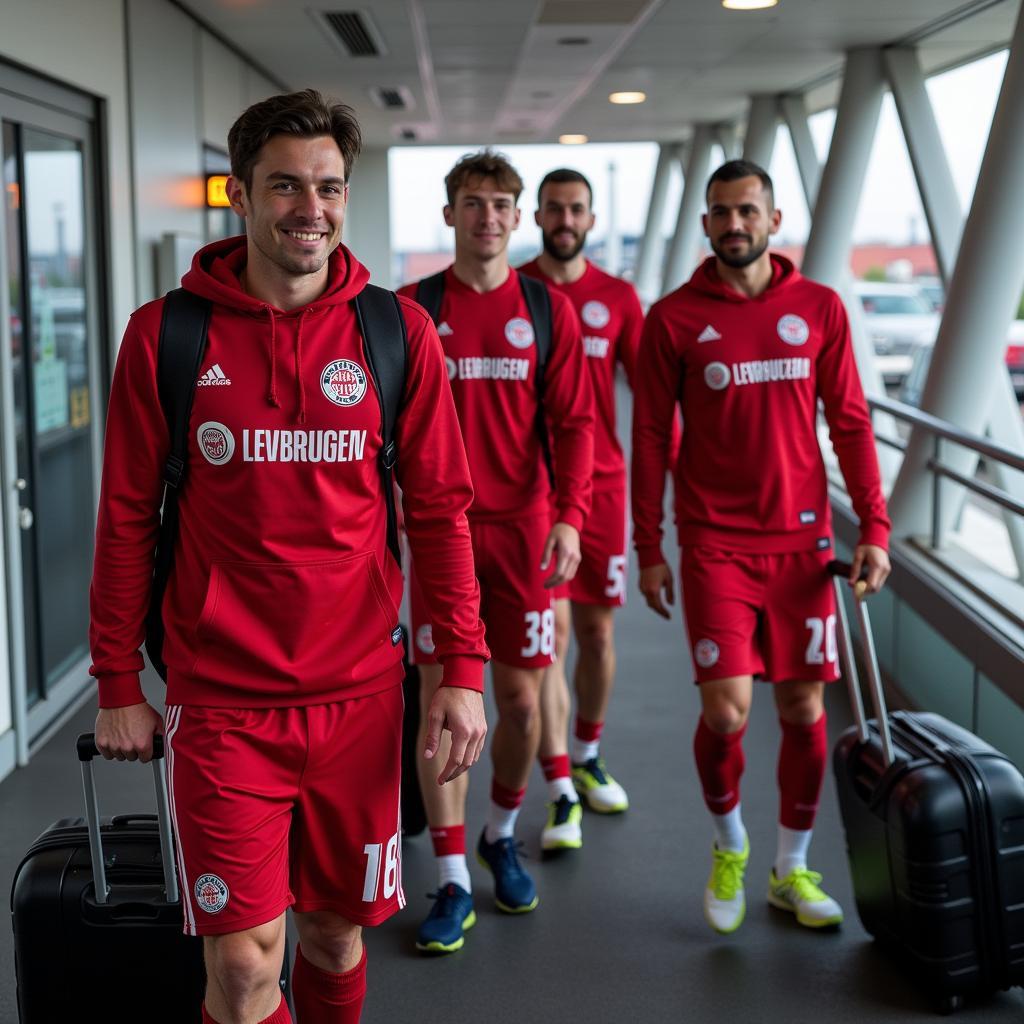 Bayer Leverkusen Mannschaft nach der Rückkehr aus Moskau.