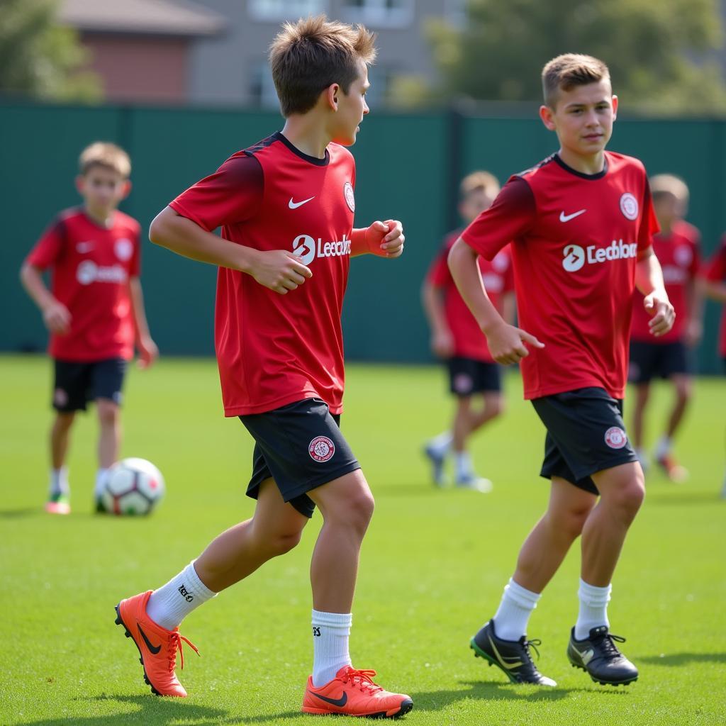 Junge Spieler der Bayer 04 Leverkusen Jugendmannschaften beim Training.