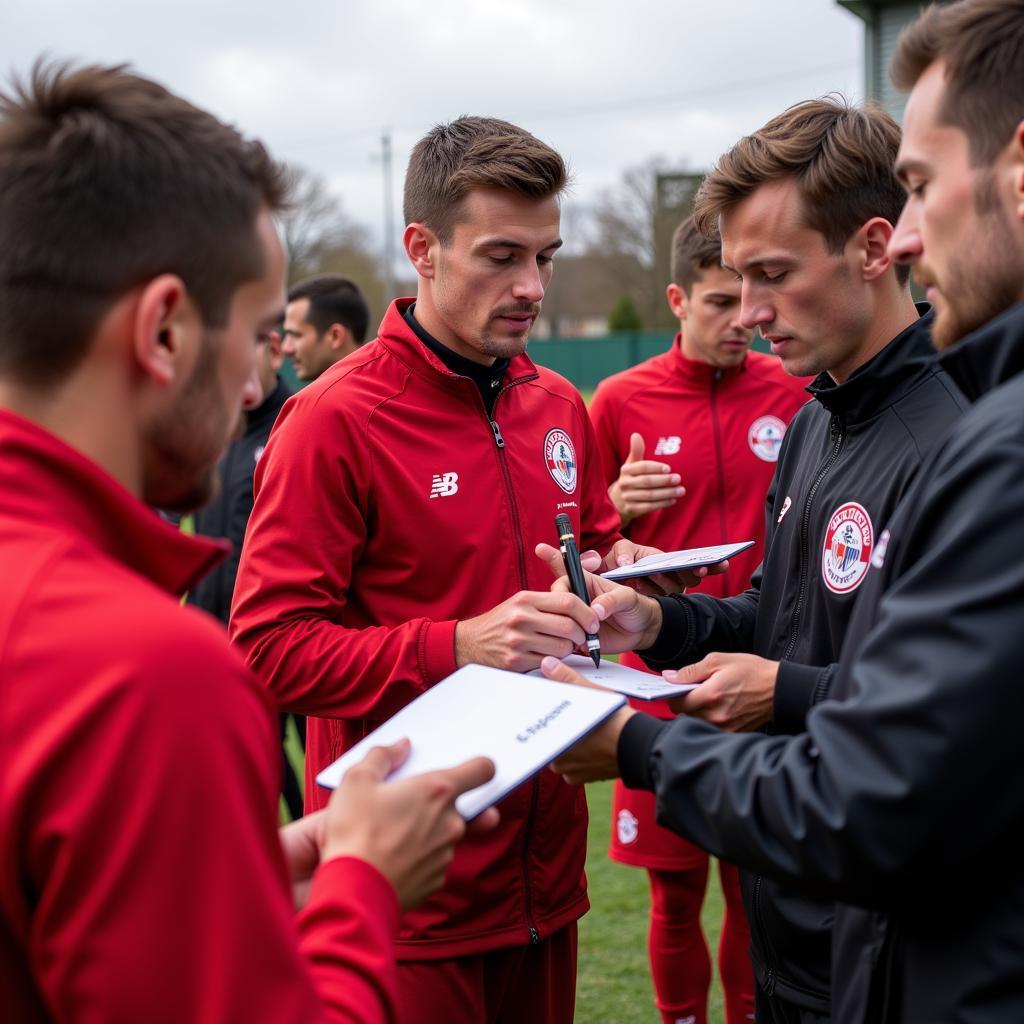 Bayer Leverkusen Spieler geben Autogramme beim öffentlichen Training.