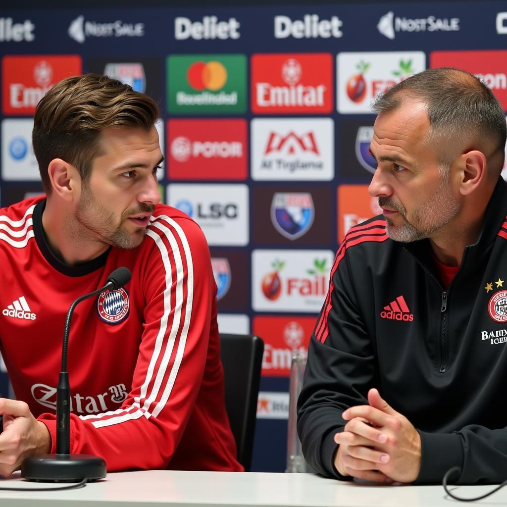 Bayer Leverkusen Spieler gibt Statements während der Pressekonferenz