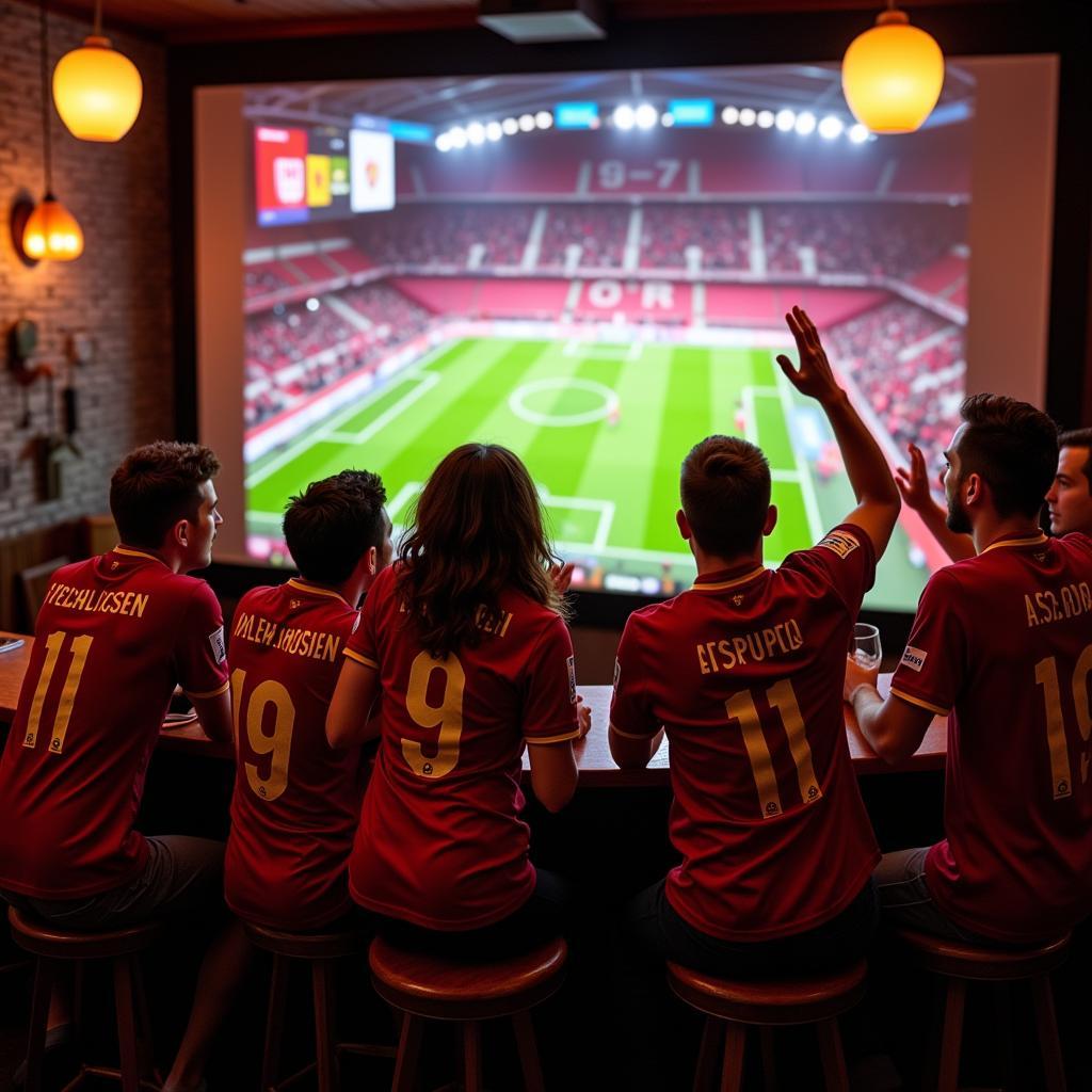 Bayer Leverkusen Fans schauen das Spiel gegen AS Roma gemeinsam an.