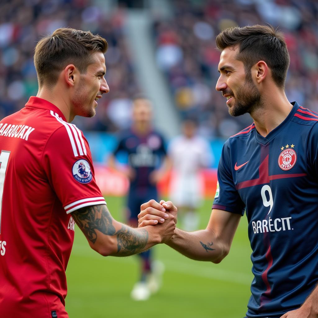 Bayer Leverkusen und Slavia Prag Spieler geben sich die Hand - Symbol für zukünftige Begegnungen.