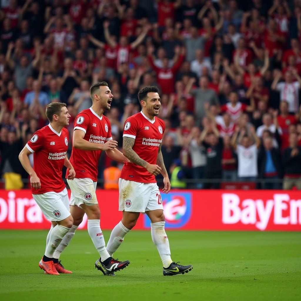 Bayer Leverkusen Spieler bejubeln ein Tor in der BayArena mit den Fans im Hintergrund