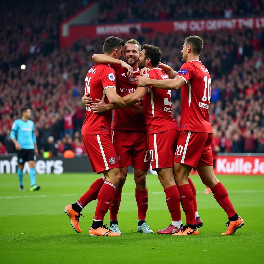 Bayer Leverkusen Spieler feiern ein Tor im Stadion