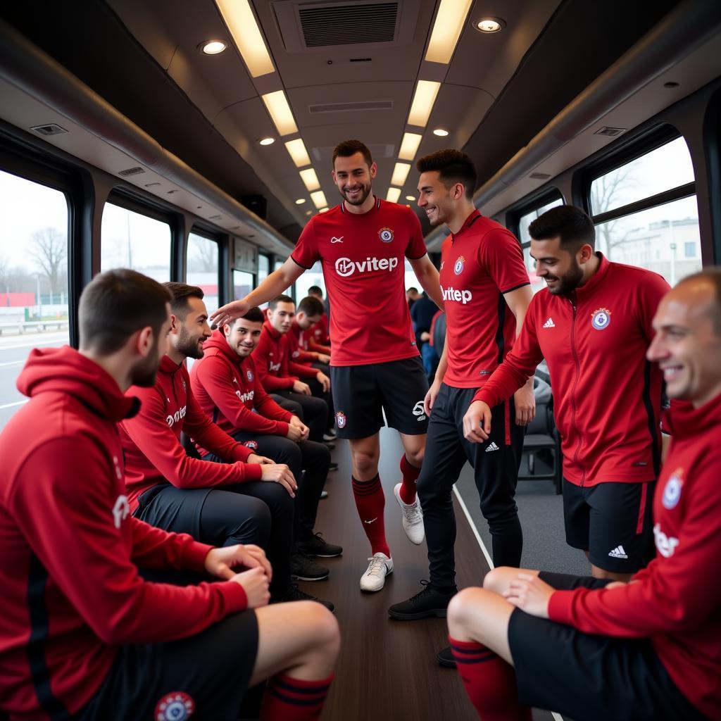 Spieler von Bayer Leverkusen im Mannschaftsbus.