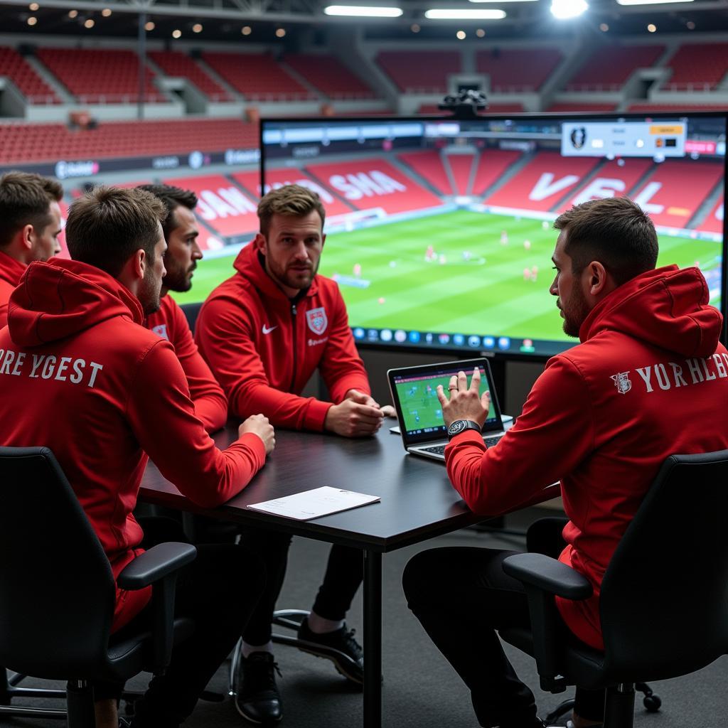 Das Trainerteam von Bayer Leverkusen in einer intensiven Besprechung, analysiert Spielszenen und taktische Aufstellungen.