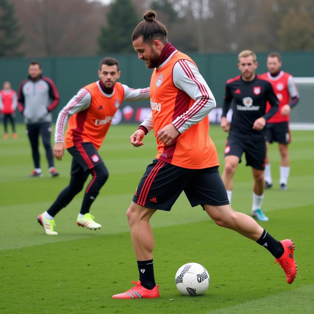 Spieler von Bayer Leverkusen absolvieren eine intensive Trainingseinheit.