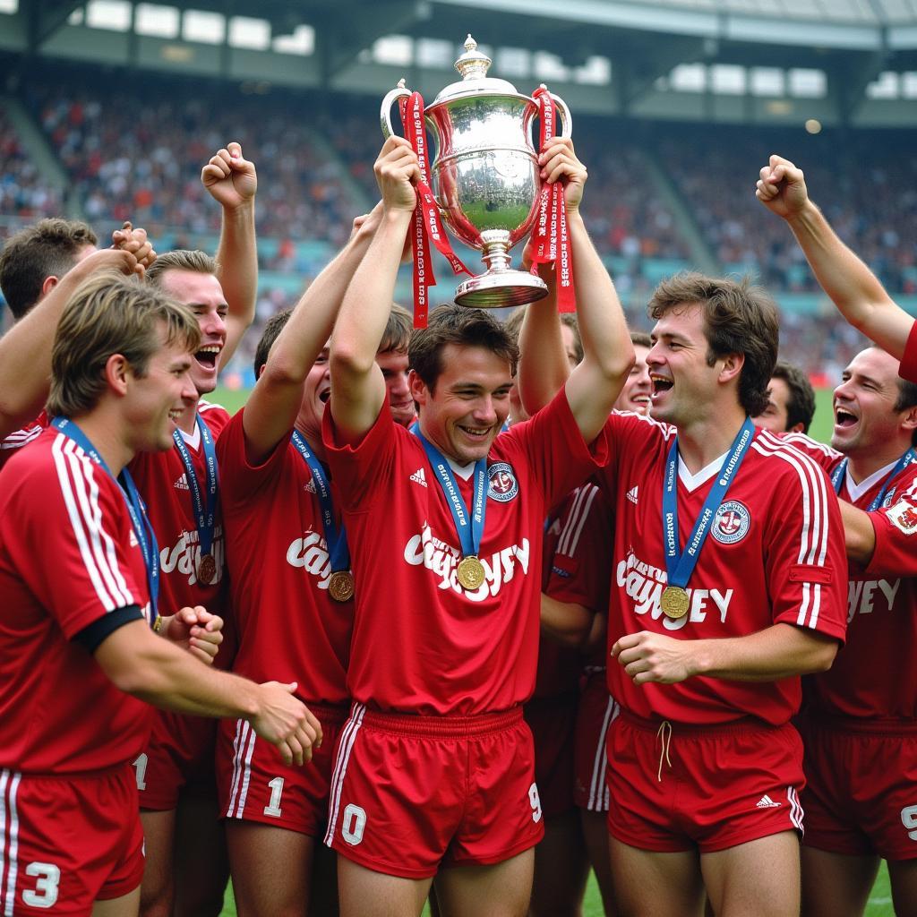 Bayer Leverkusen Mannschaft feiert den UEFA-Cup-Sieg 1988