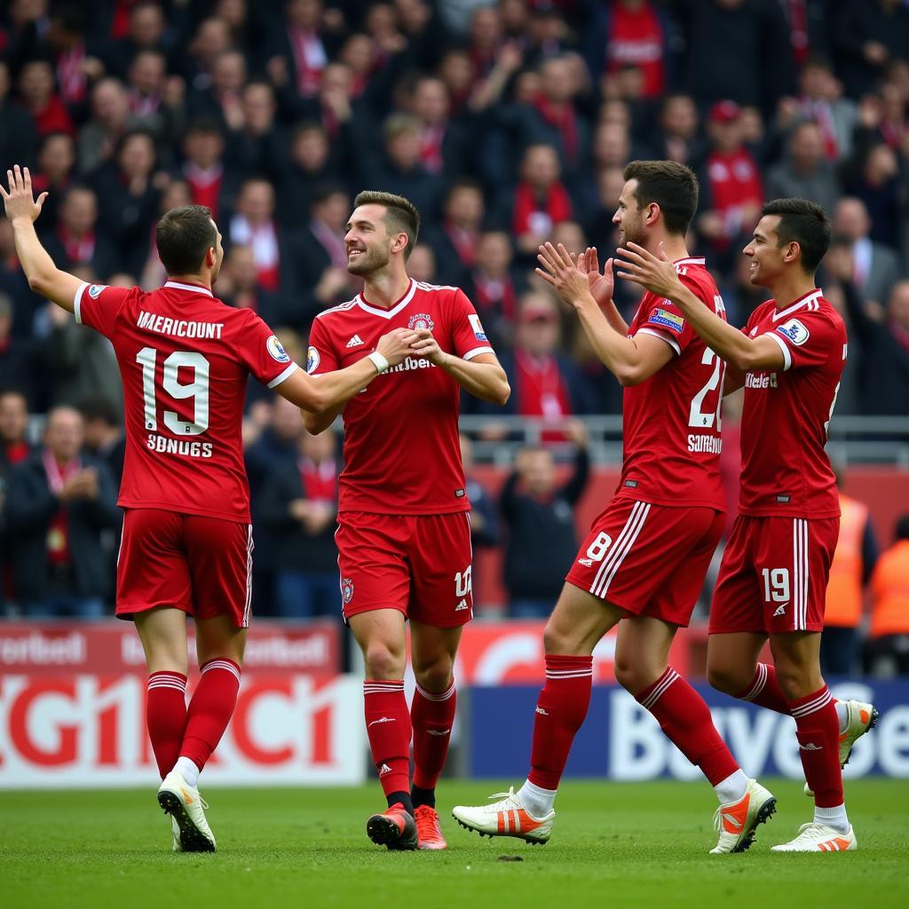 Bayer Leverkusen ungeschlagene Serie - Jubelnde Spieler und Fans im Stadion nach einem Sieg.