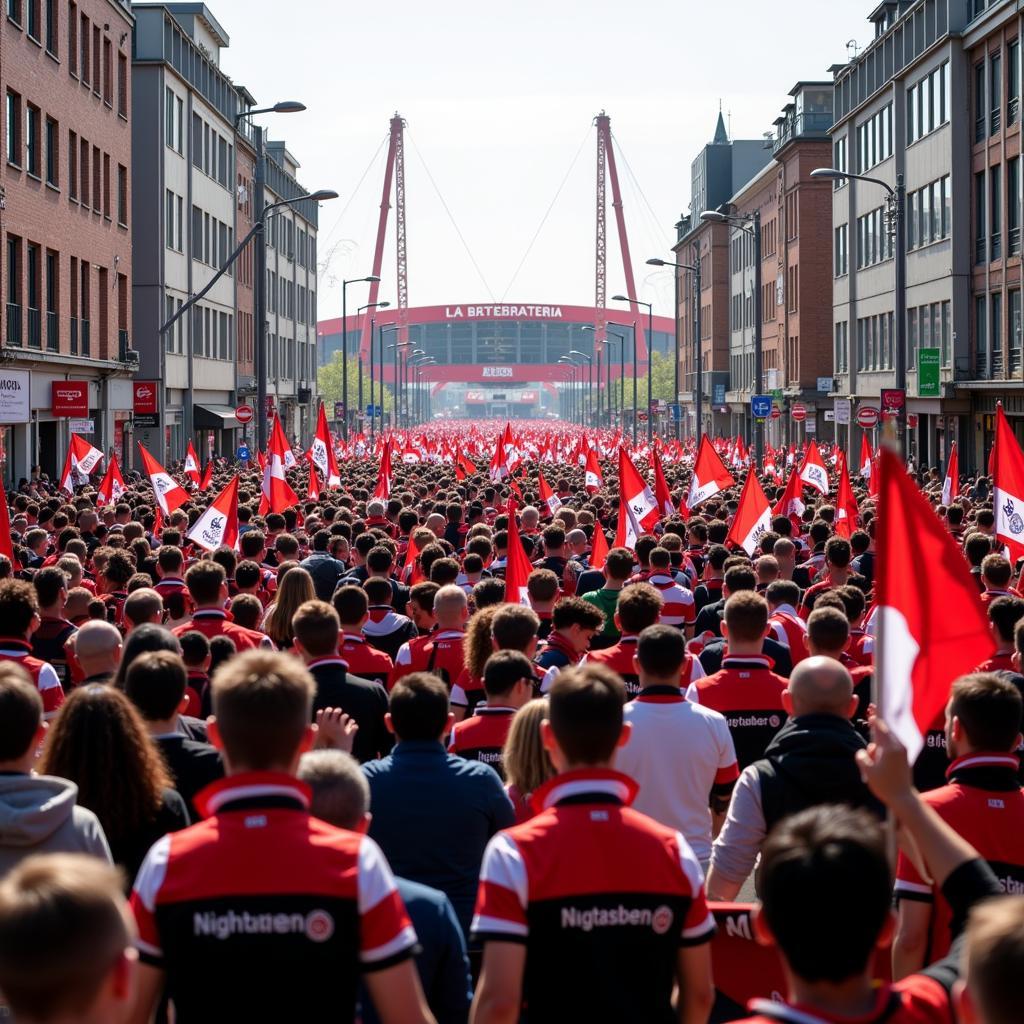 Fans von Bayer 04 Leverkusen auf der Bergischen Landstraße vor der BayArena