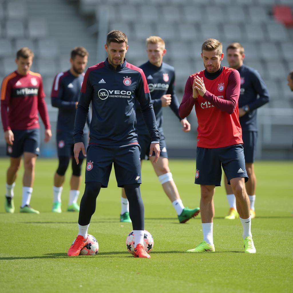 Trainingseinheit der Werkself: Spieler von Bayer Leverkusen trainieren intensiv für das nächste Spiel.