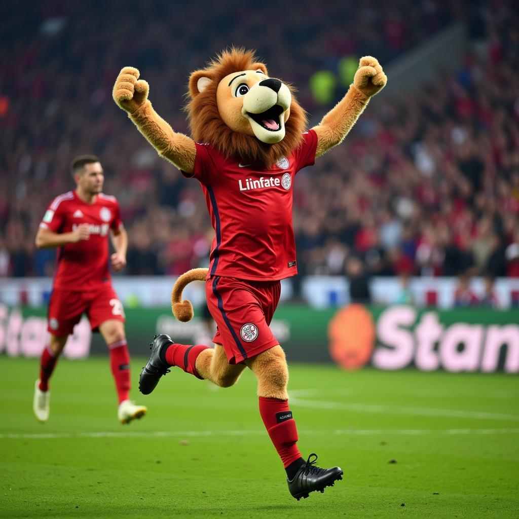 Brian the Lion jubelt über ein Tor von Bayer Leverkusen.