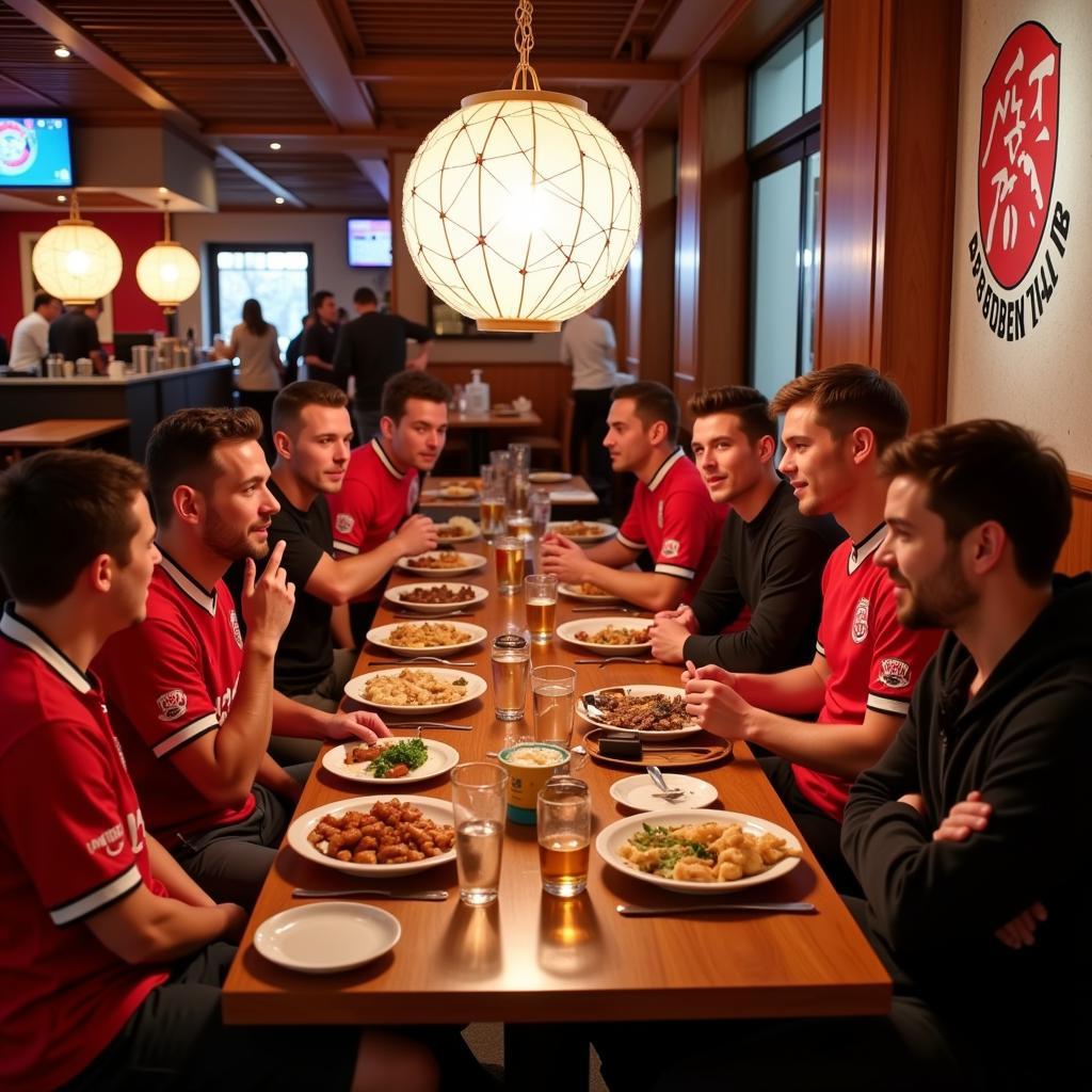 Fans genießen ein China Buffet vor dem Spiel in der BayArena.