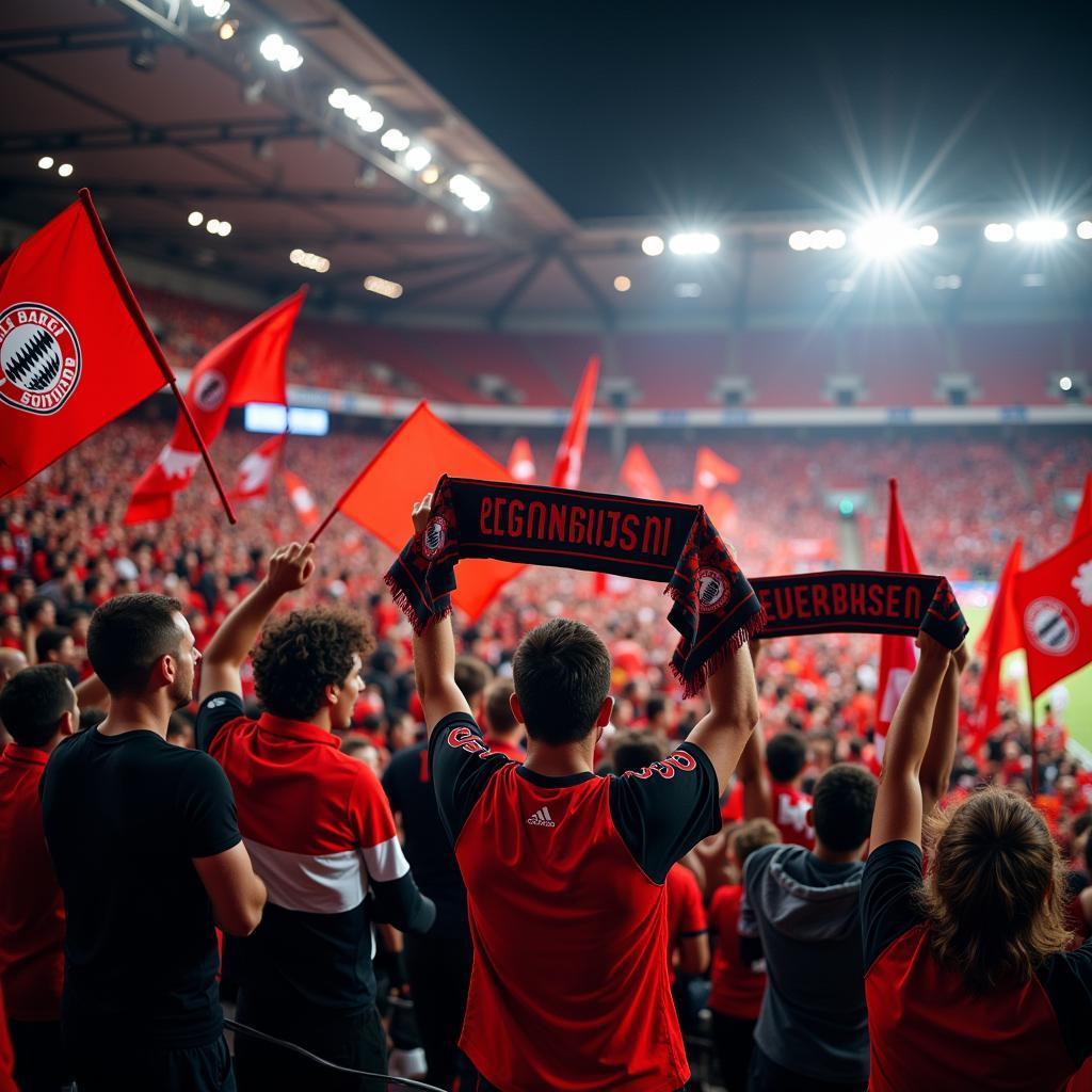 Fans von Bayer Leverkusen im Stadion mit Fahnen und Schals