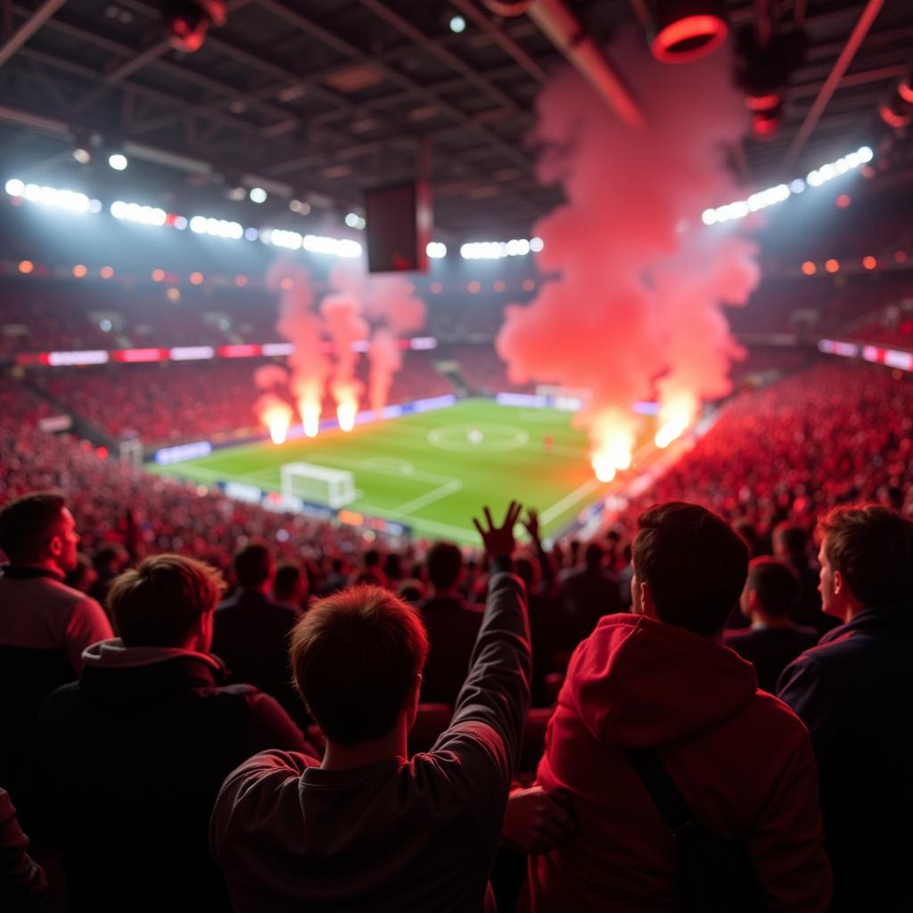 Die elektrisierende Atmosphäre im Stadion während des Derbys zwischen Köln und Leverkusen.