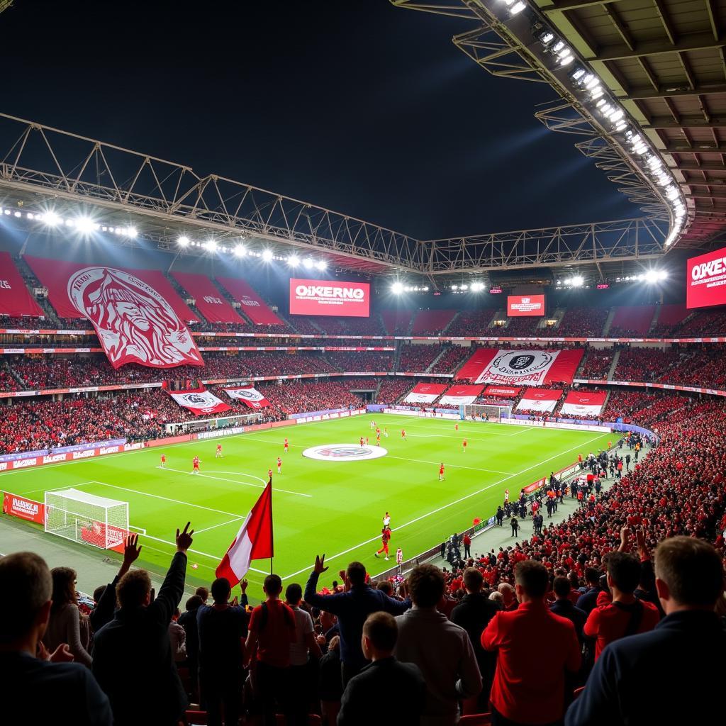 Fans von 1. FC Köln und Bayer 04 Leverkusen im Stadion