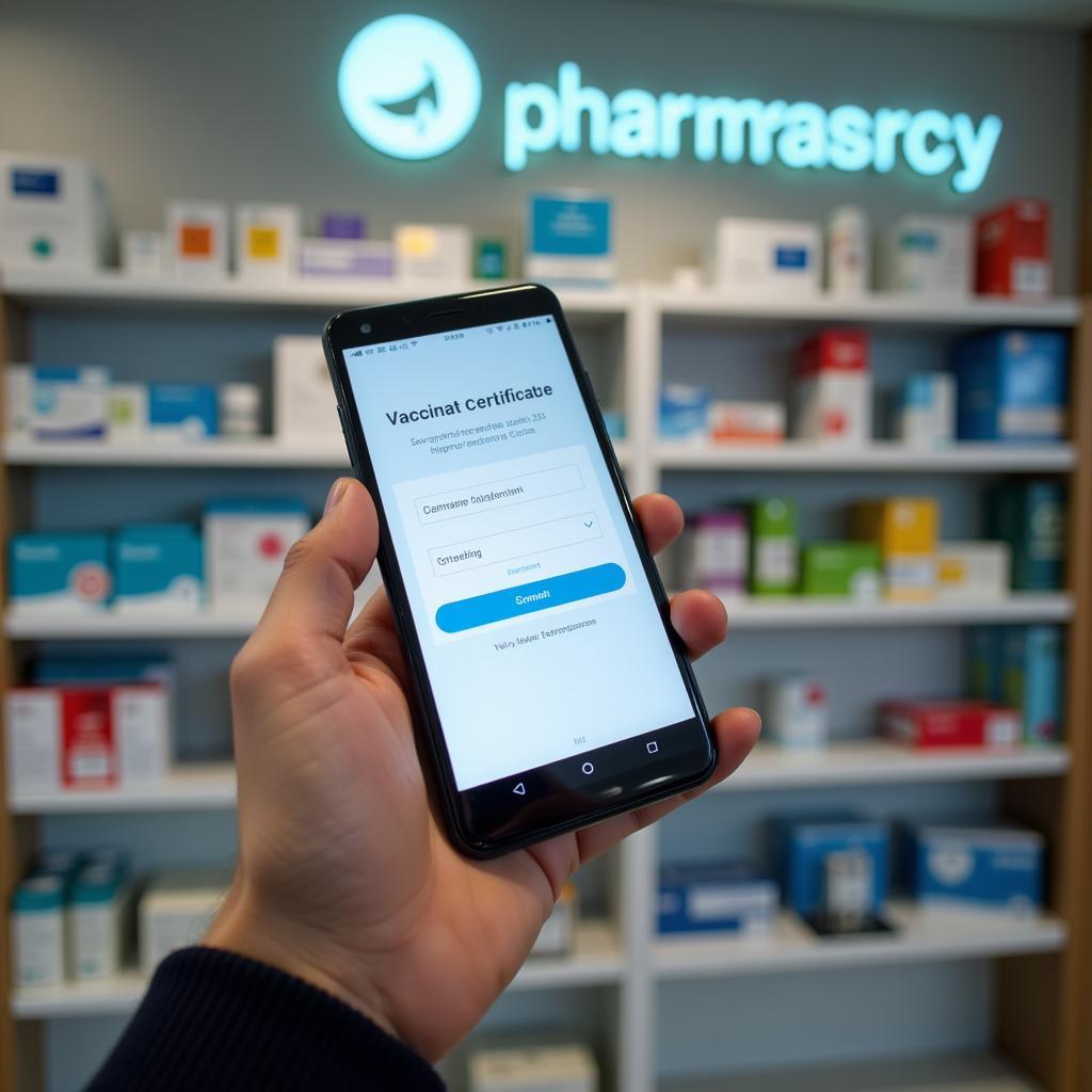 Digitaler Impfpass auf einem Smartphone in einer Apotheke in Leverkusen