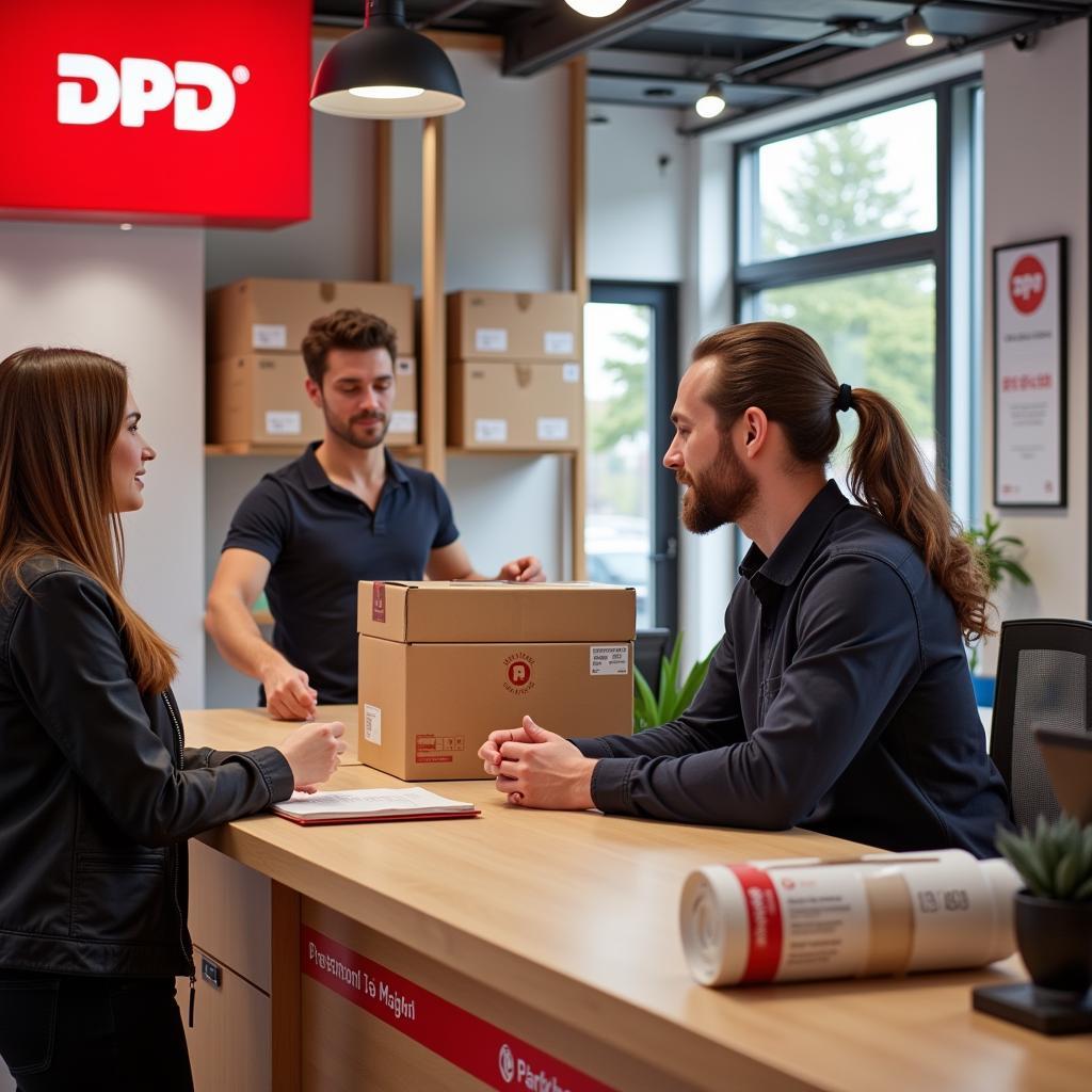 Abholung eines Pakets in einem DPD Shop in Leverkusen.