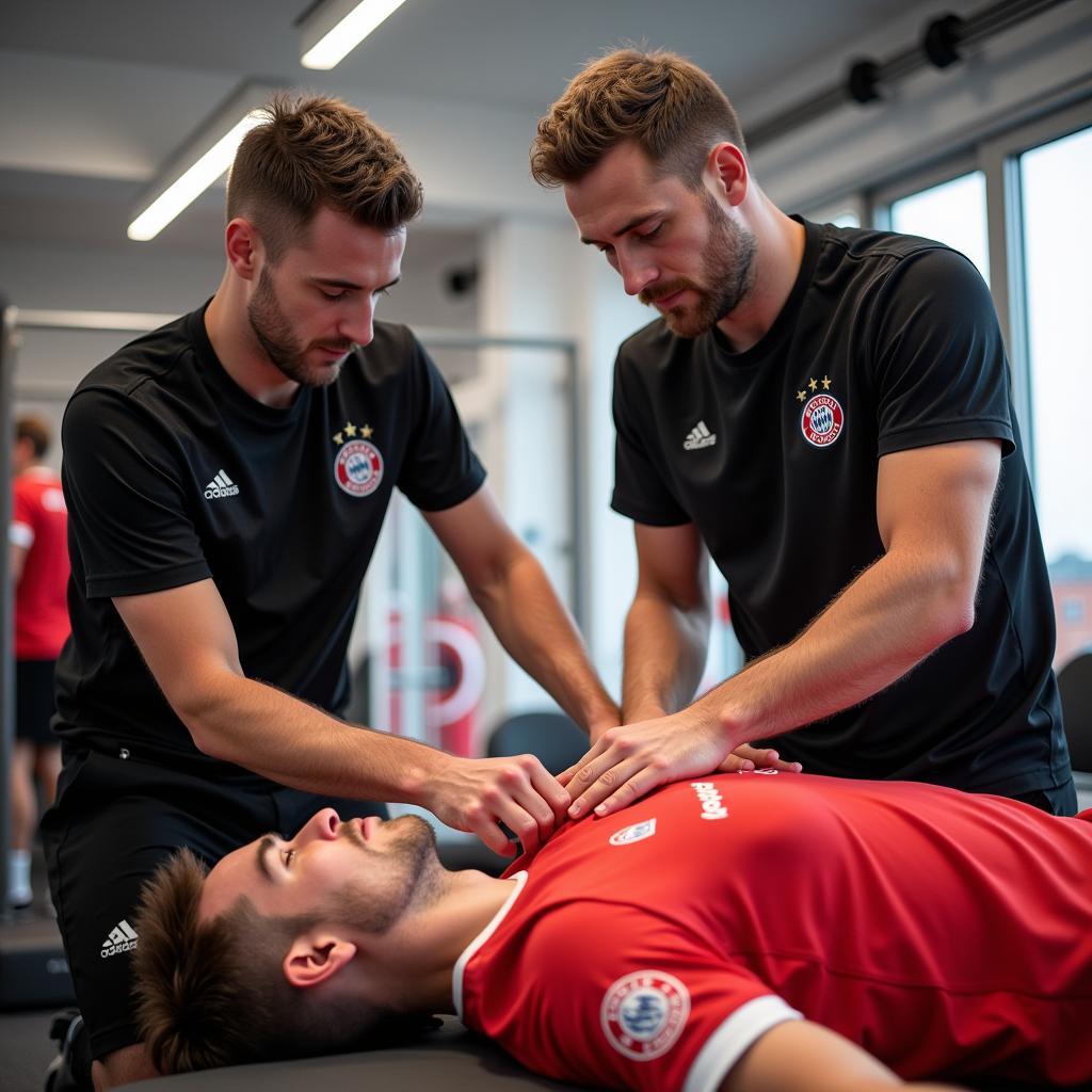 Dr. Burgmann führt eine Therapie an einem Spieler durch.