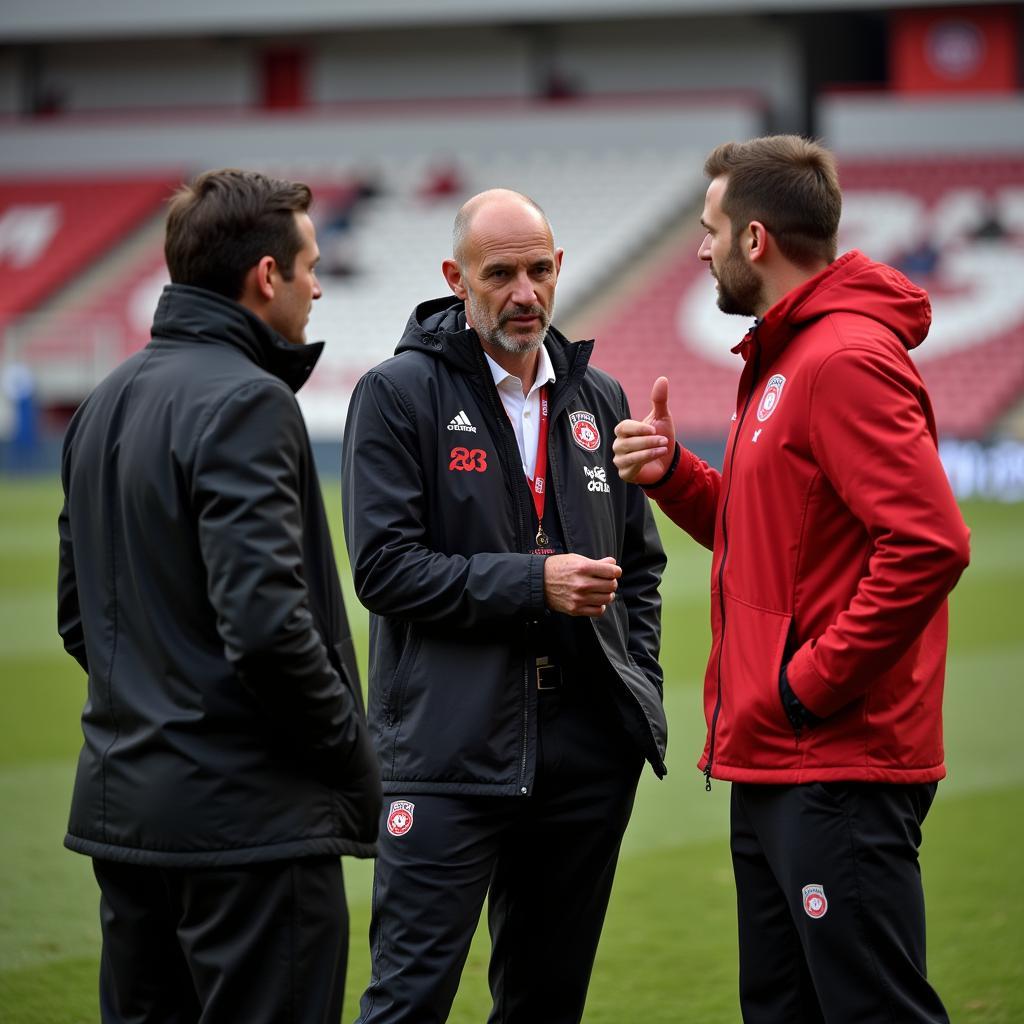 Dr. Landwüst im Gespräch mit dem Trainerteam von Bayer 04 Leverkusen.