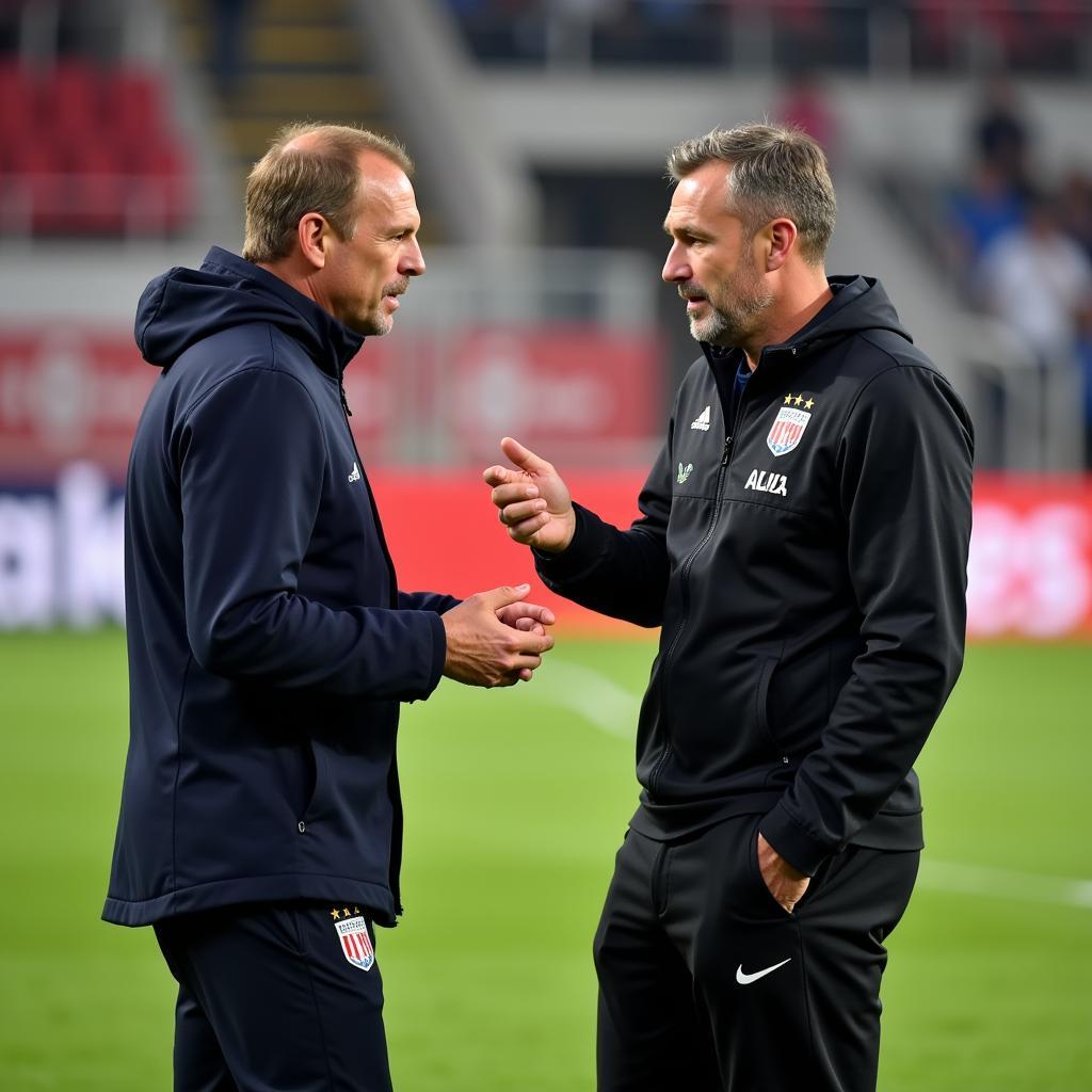 Dr. Lelli im Gespräch mit dem Trainer von Bayer 04 Leverkusen.