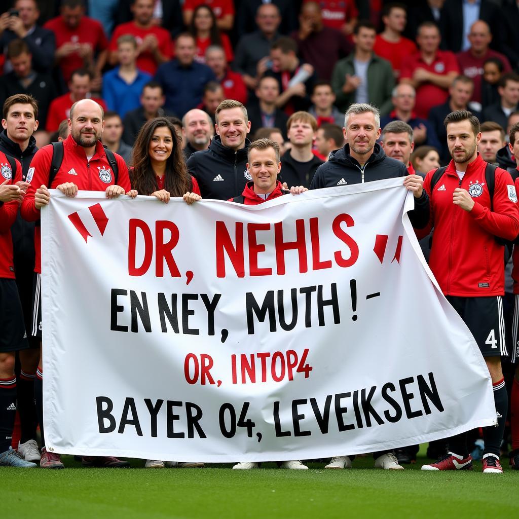 Fans von Bayer 04 Leverkusen mit einem Banner, das Dr. Nehls dankt