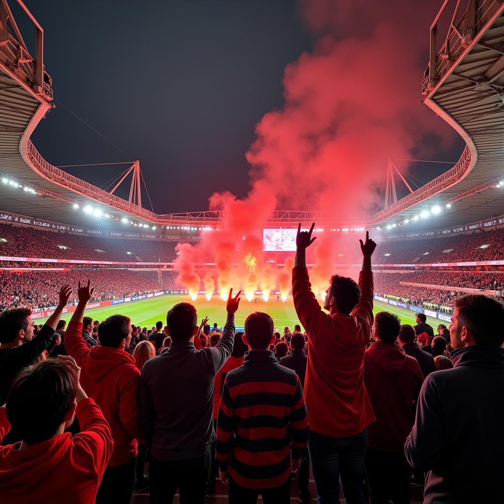 Düsseldorfer und Leverkusener Fans im Stadion.