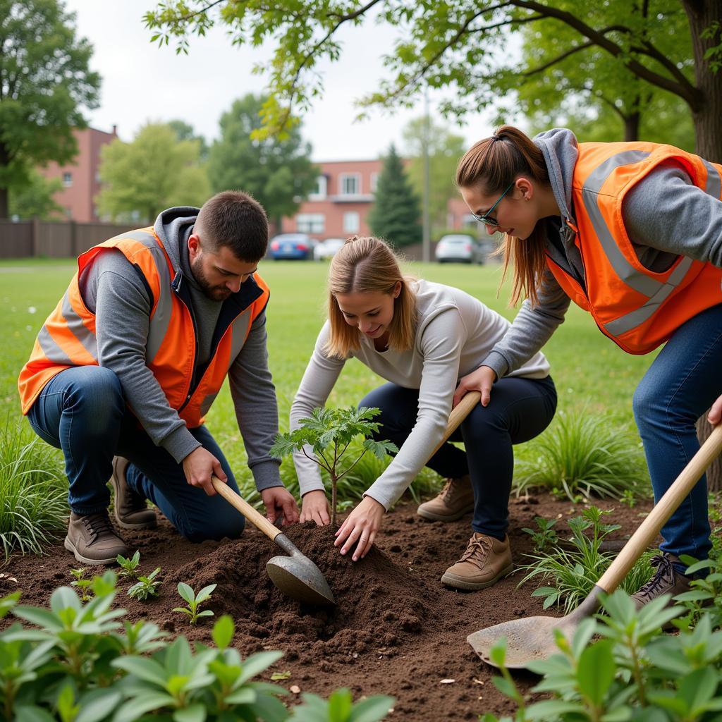 Menschen arbeiten gemeinsam an einem ehrenamtlichen Projekt in Leverkusen.