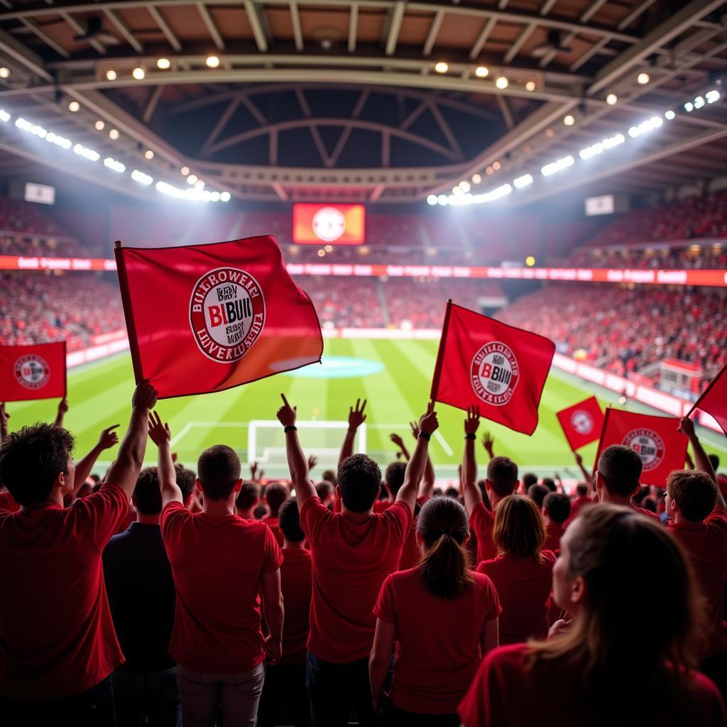 Fans schwenken Fahnen von Bayer 04 Leverkusen in der BayArena