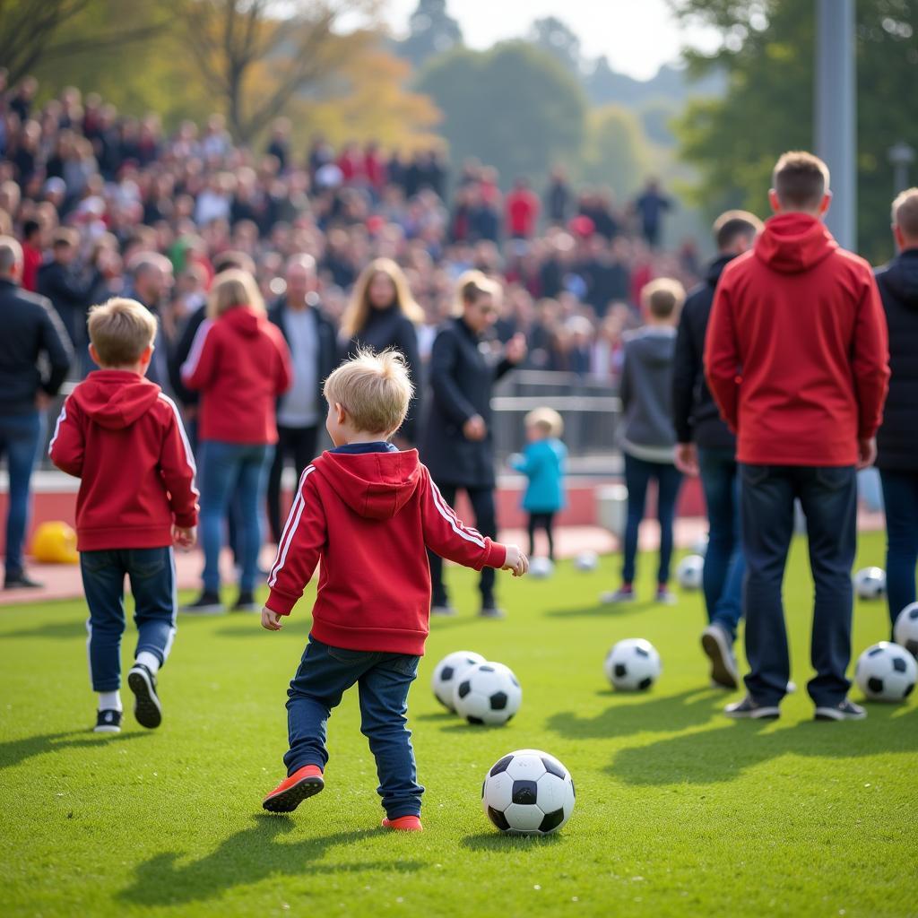 Familien genießen die Atmosphäre in Leverkusen 51373 vor einem Spiel.