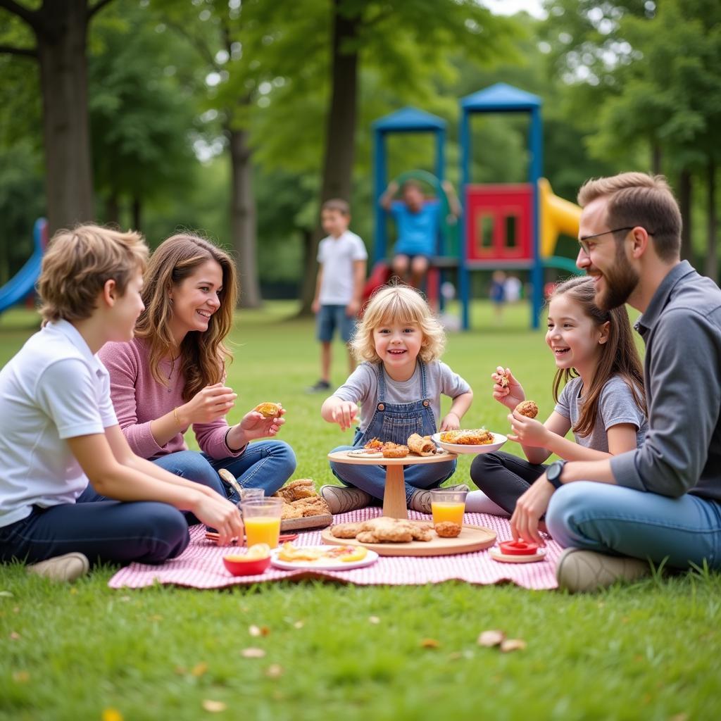 Familien genießen ein Picknick auf einem Spielplatz in Leverkusen.