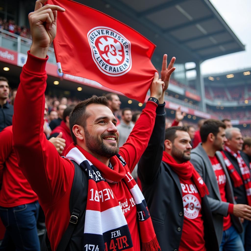 Fans der 43er Leverkusen im Stadion mit Fahnen und Schals