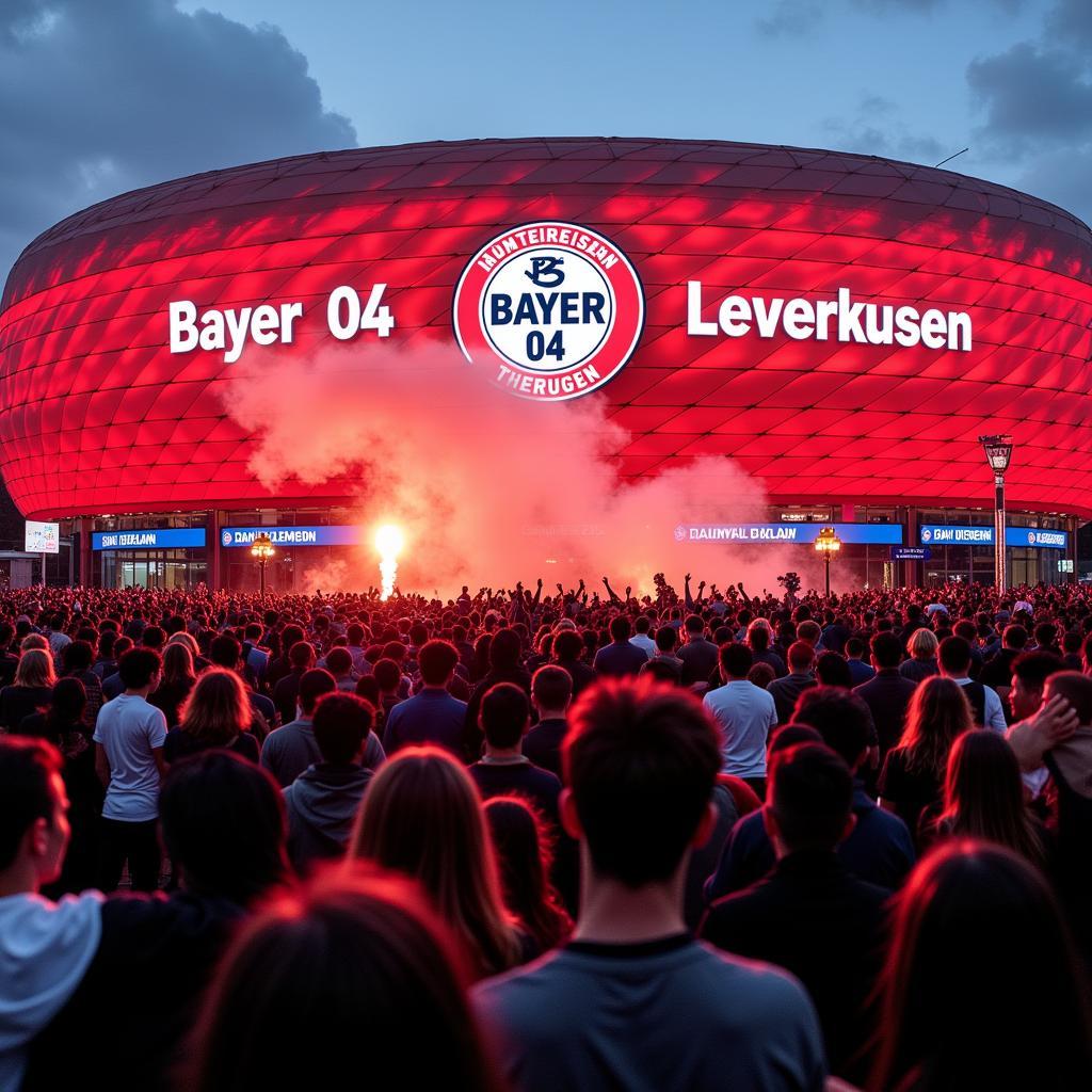 Fußballfans vor der BayArena an der Altenberger Straße 125 in Leverkusen.