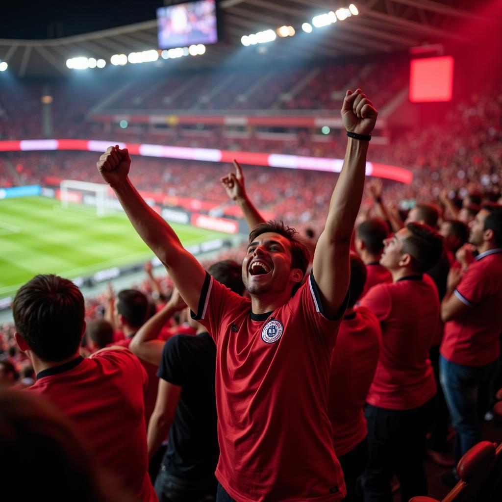 Fans in der BayArena: Jubelnde Fans im Leverkusen-Trikot während des Spiels gegen Bayern München.