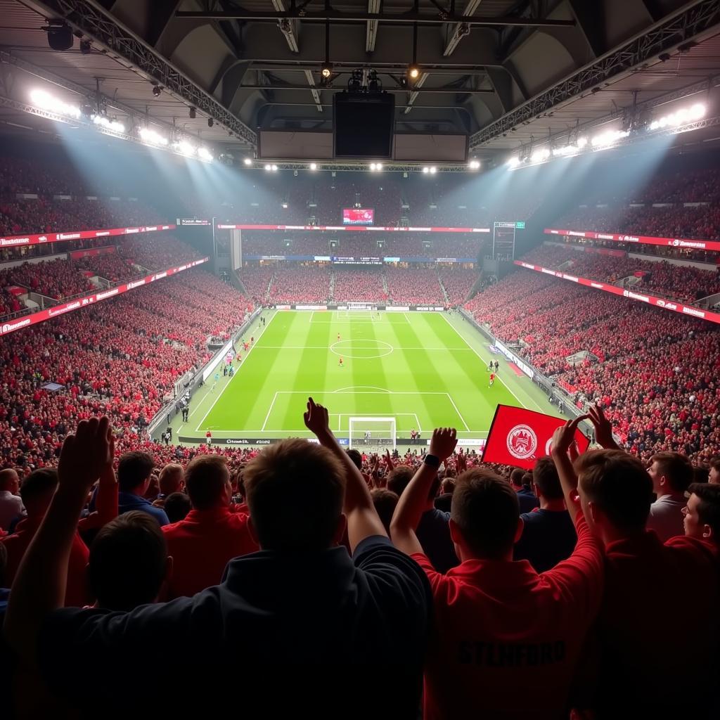 Fans in der BayArena feuern ihre Mannschaft an während des Spiels Leverkusen gegen Paderborn.