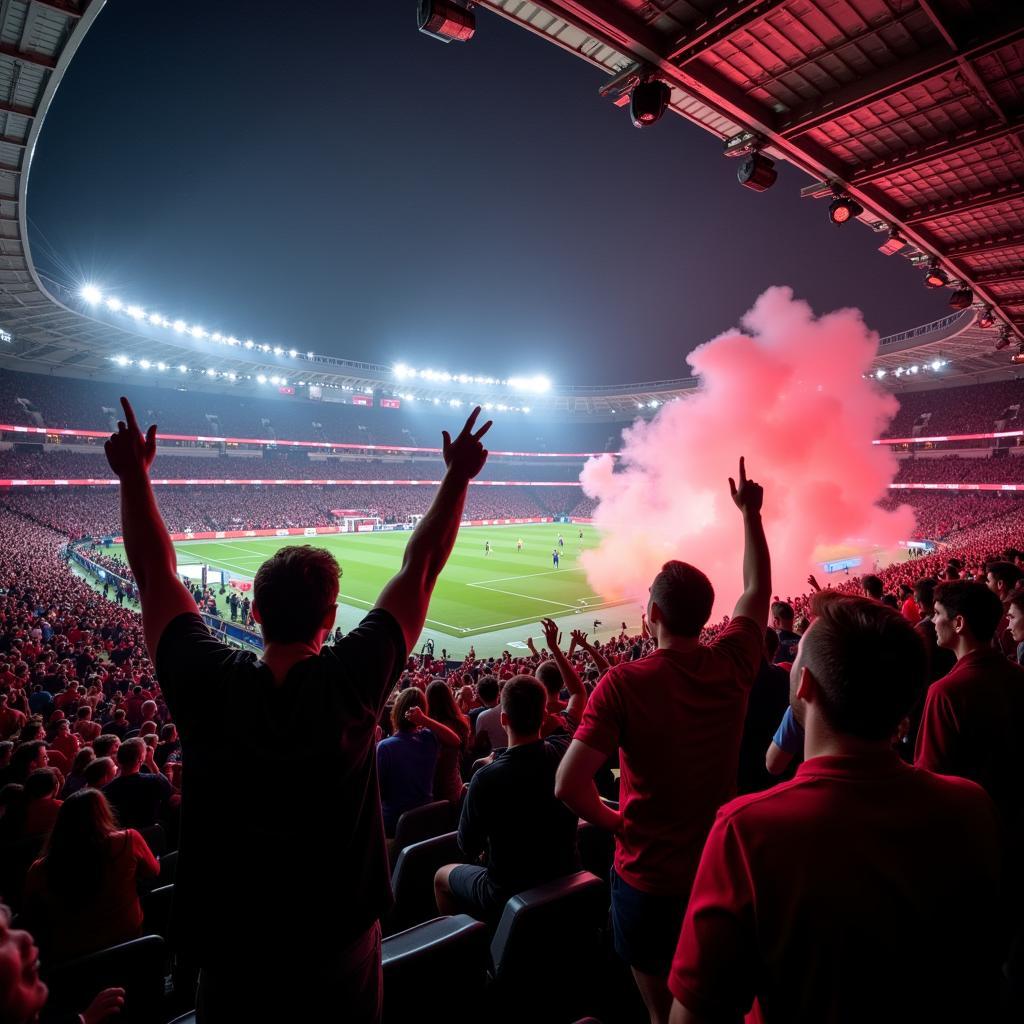 Fans von Bayer Leverkusen und Bayern München im Stadion