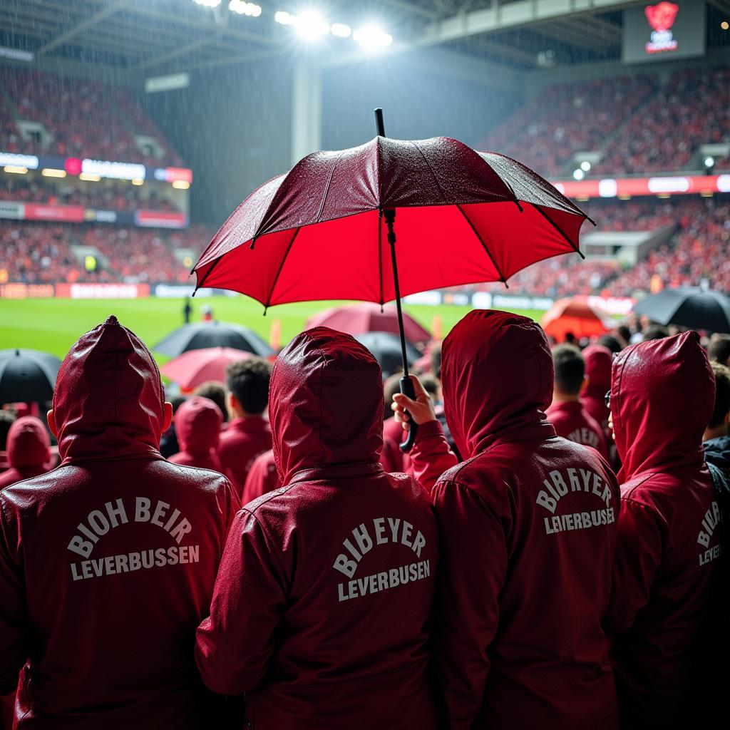 Fans im Stadion bei Regen in Leverkusen